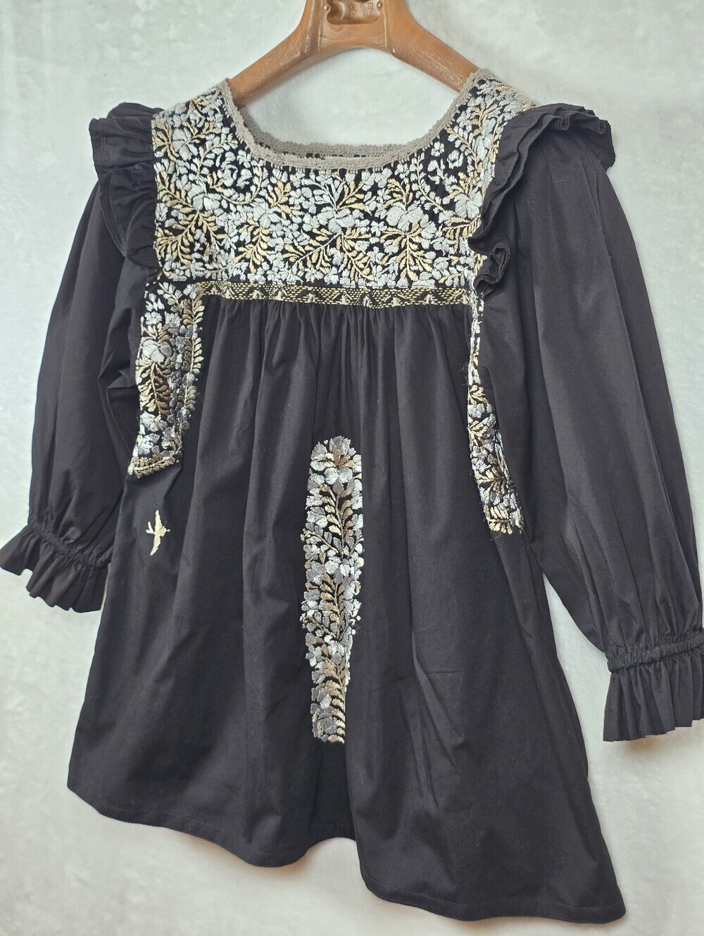 Mi Golondrina Black Floral Embroidered Blouse Sz.M Cotton Peasant Boho Top - Picture 6 of 14